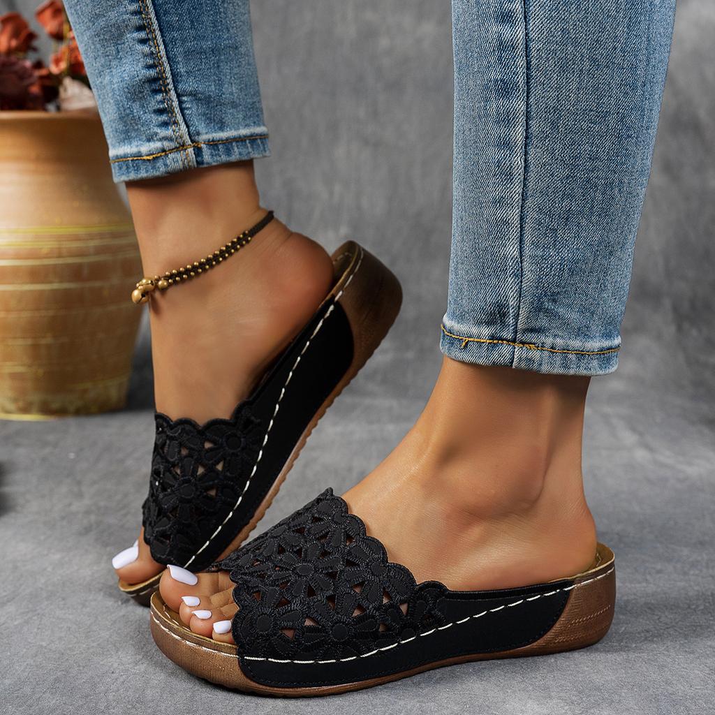 Summer, New Styles, Women's, Thick Soled Slippers, Plus Size, Fish Mouth, Wide Stripe, Thick Soled Shoes