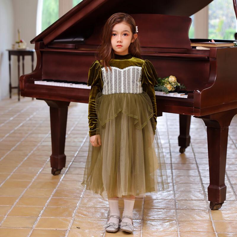 Girls  Elegant High-Neck Velvet Mesh Princess Dress 120
