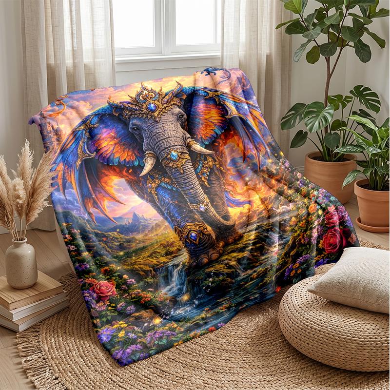 Fantasy Elephants with Mandalas Theme Blanket Lightweight Warm Flannel Blanket Decorative Throw Blanket for Home Decoration