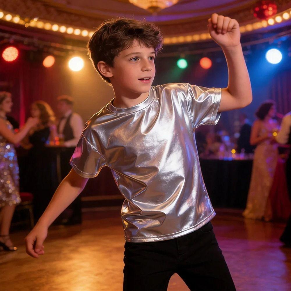 Disco Metallic Top Hip Hop Performance Dancewear Fashion Dance Top Kids Boys Girls