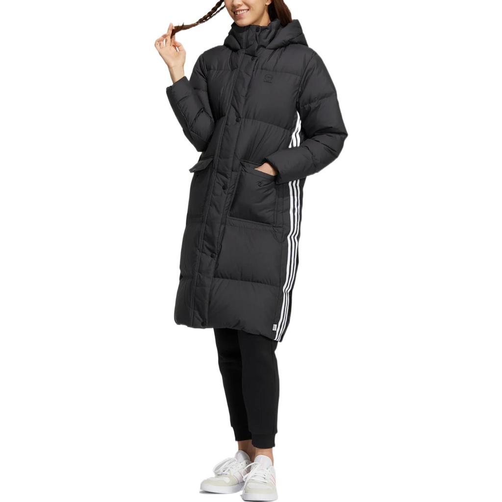Adidas Neo Logo Print Striped Pattern Zip-Up Hooded Down Jacket Women Outerwear Black HN2442