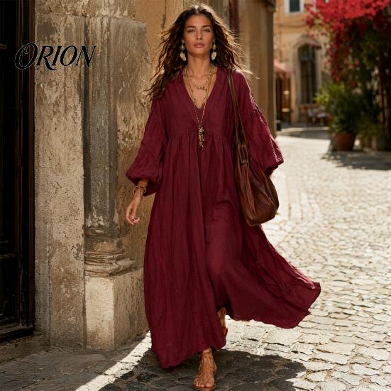 Comfortable Women Dress Women's Deep V Neck Maxi Dress, Puff 3/4 Sleeve Elegant Casual A-Line Flowy Loose Boho Beach Sundress Versatile