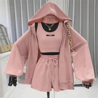 Women's Sporty Hooded Three-Piece Set: Spring & Autumn Casual Vest, Fitness Running Sweatshirt, and Shorts for a Youthful Look.