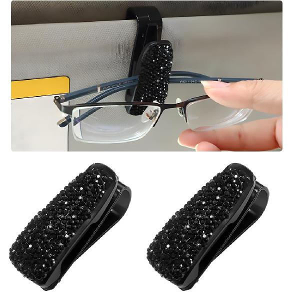 2 PCS Car Sun Visor Glasses Holder, Fashion Bling Car Eyeglasses Sunglasses Hanger for Women Girls, Glasses Holder Clip Hanger Mount with Ticket Card