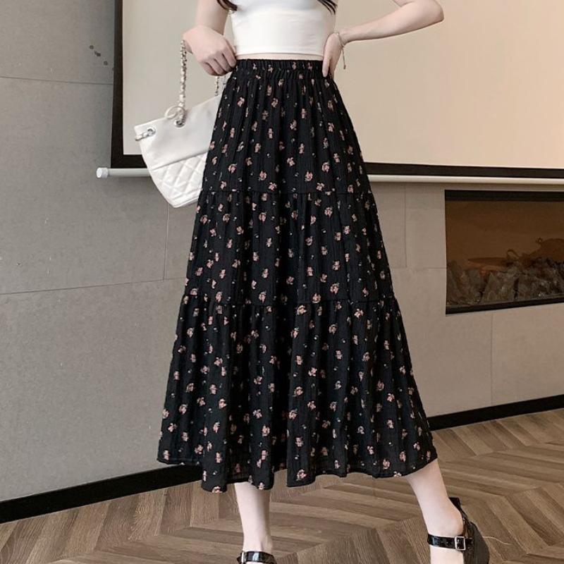 Vintage Blommig Lagerkjol Midikjol för Kvinnor - Vår/Sommar A-linje Full Utsvängd Blommig Långkjol