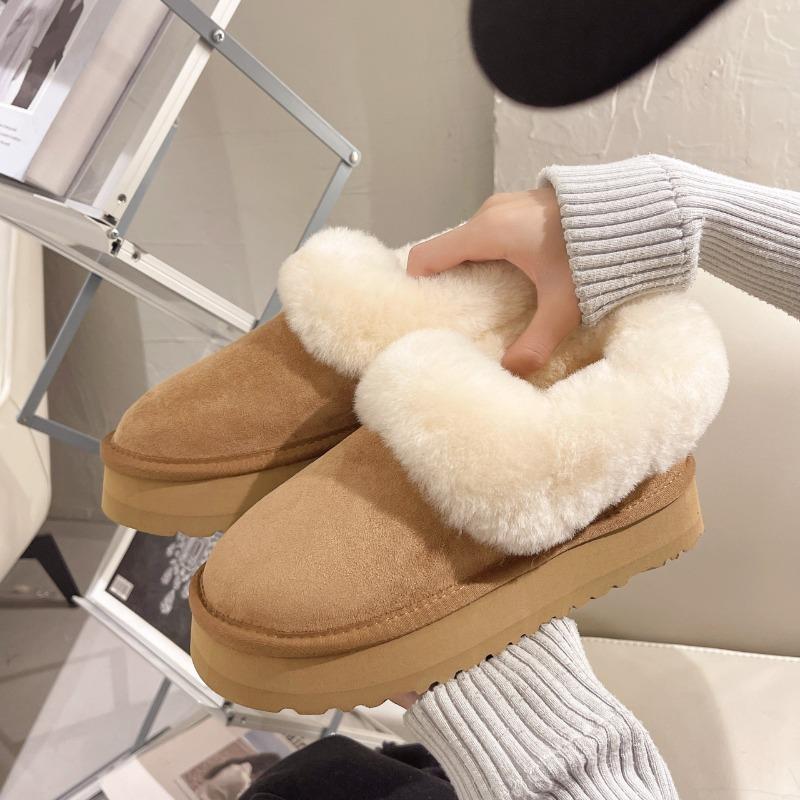 Pelzige Schneestiefel für Damen Winter Dicke Sohle Runde Zehenpartie Kurzer Schaft Ein Fußstampfende Brotschuhe mit Plüsch-Baumwollschuhen