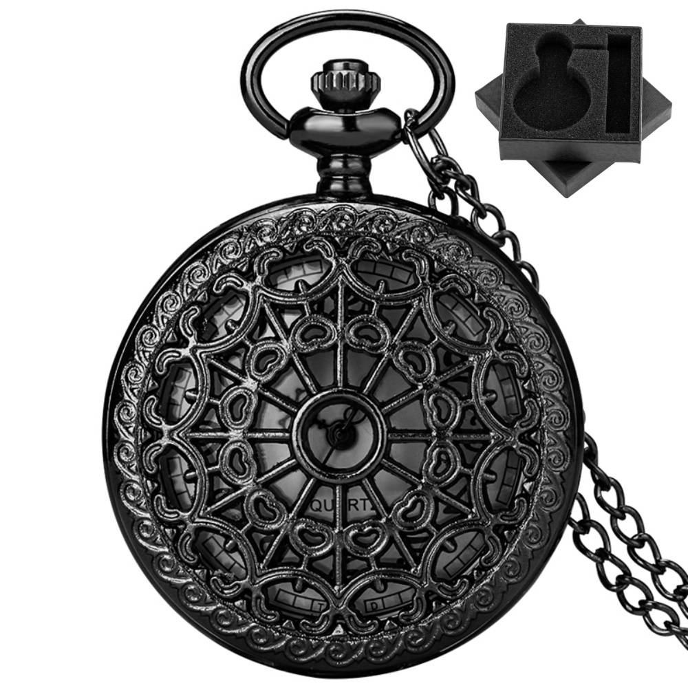Black Hollow Vintage Quartz Pocket Watch Arabic Numerals White Dial Antique Stylish Necklace Pendant Watch Gift Men Women