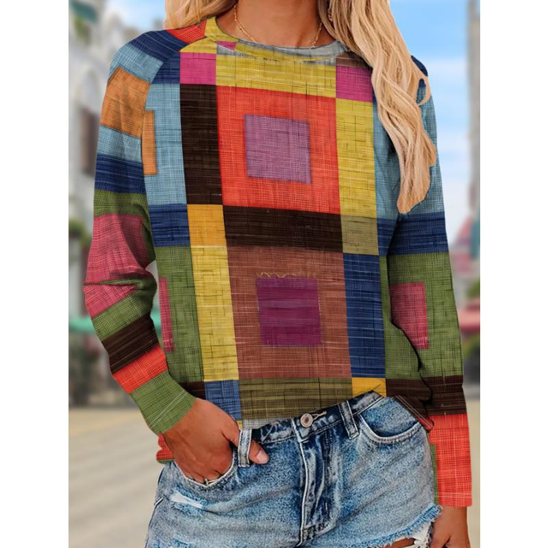 Fashion Women's Crew Neck Long Sleeve 3D Casual Color Printing Casual Long Sleeve Crew Neck T-Shirt