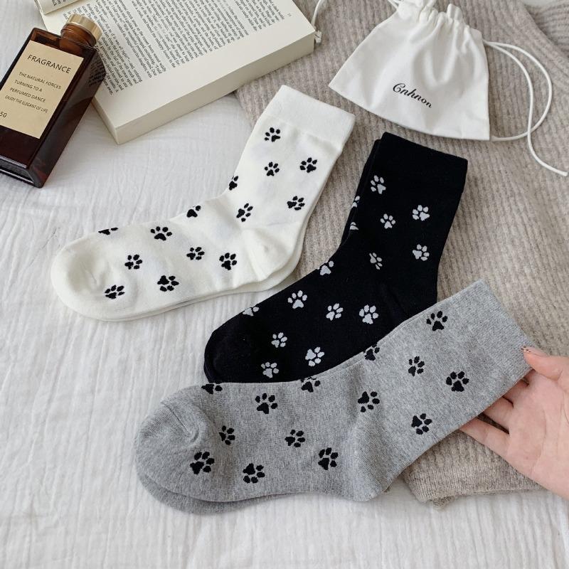 Women's Cartoon Pattern Cat Paw Print Cotton Socks, Trendy Mid-calf Socks, School Style, Versatile and Simple Dog Paw Socks