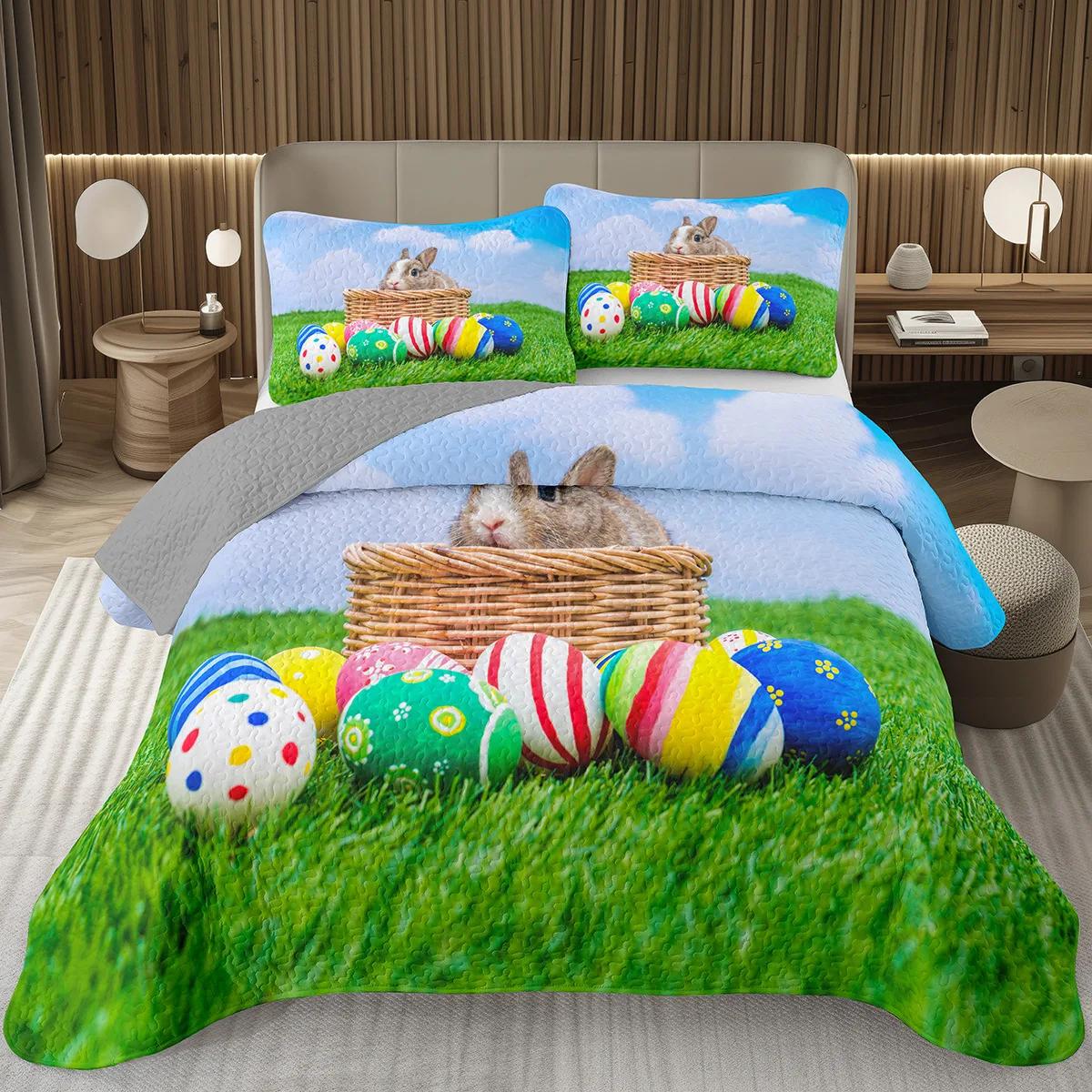 

Kawaii Rabbit Bedspread Set Twin Full Queen King SizeCute Rabbit Quilt Set Wild Animal Coverlet Set for Teen Girls Easter Gift EU Single 135x200cm