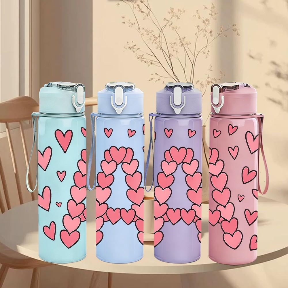 1PC Heart Shaped Letter A 750ml Color Plastic Sports Water Bottle Leakproof Flip Straw Lid Suitable for Sports Office Home Use