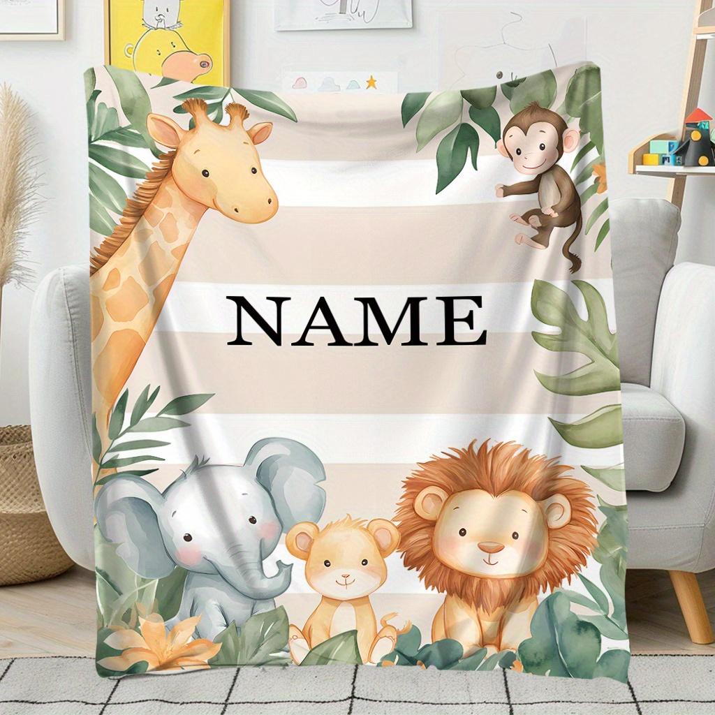 Personalized Jungle Animal Blanket Custom Name Flannel Throw,Cute Giraffe/Elephant Print,Cozy All-Season Gift for Kids & Adults