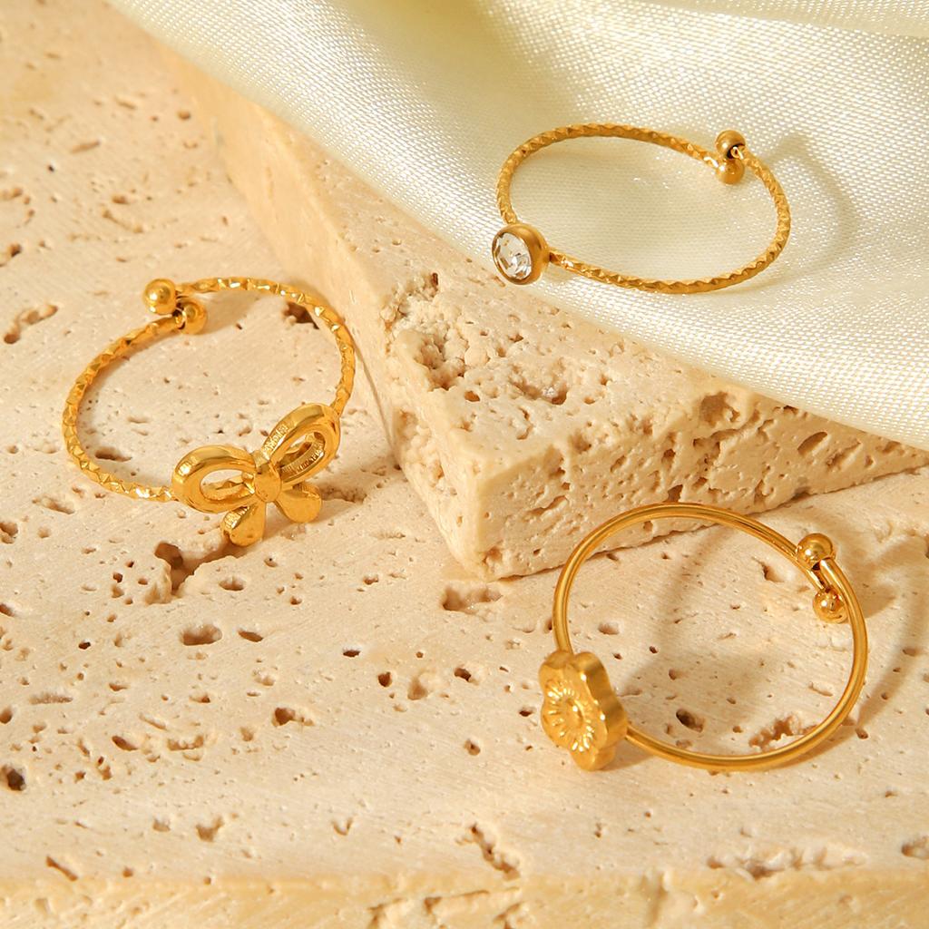 18K Gold Plated Stainless Steel Bowknot Flower Open Ring Set, Instagram Style Zircon Ring for Women, Non-fading