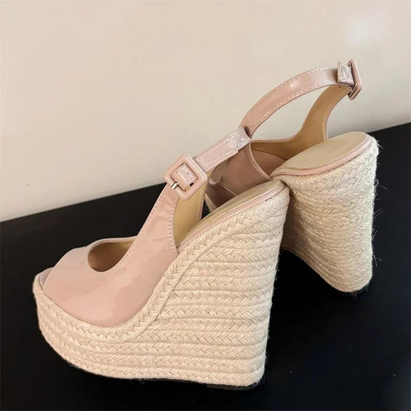Summer Peep Toe Wedges Platform Women's Sandals Designer Straw Weave Buckle Strap High Heels Banquet Party Shoes