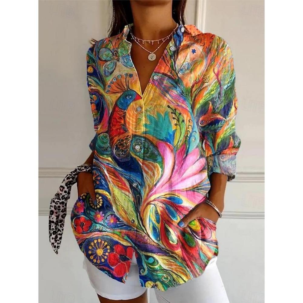 Women's Shirt Flower Active Stylish Blouse Lapel Neck Blouse Fashion Womens Long Sleeve Shirts Womens Clothing Female Clothing