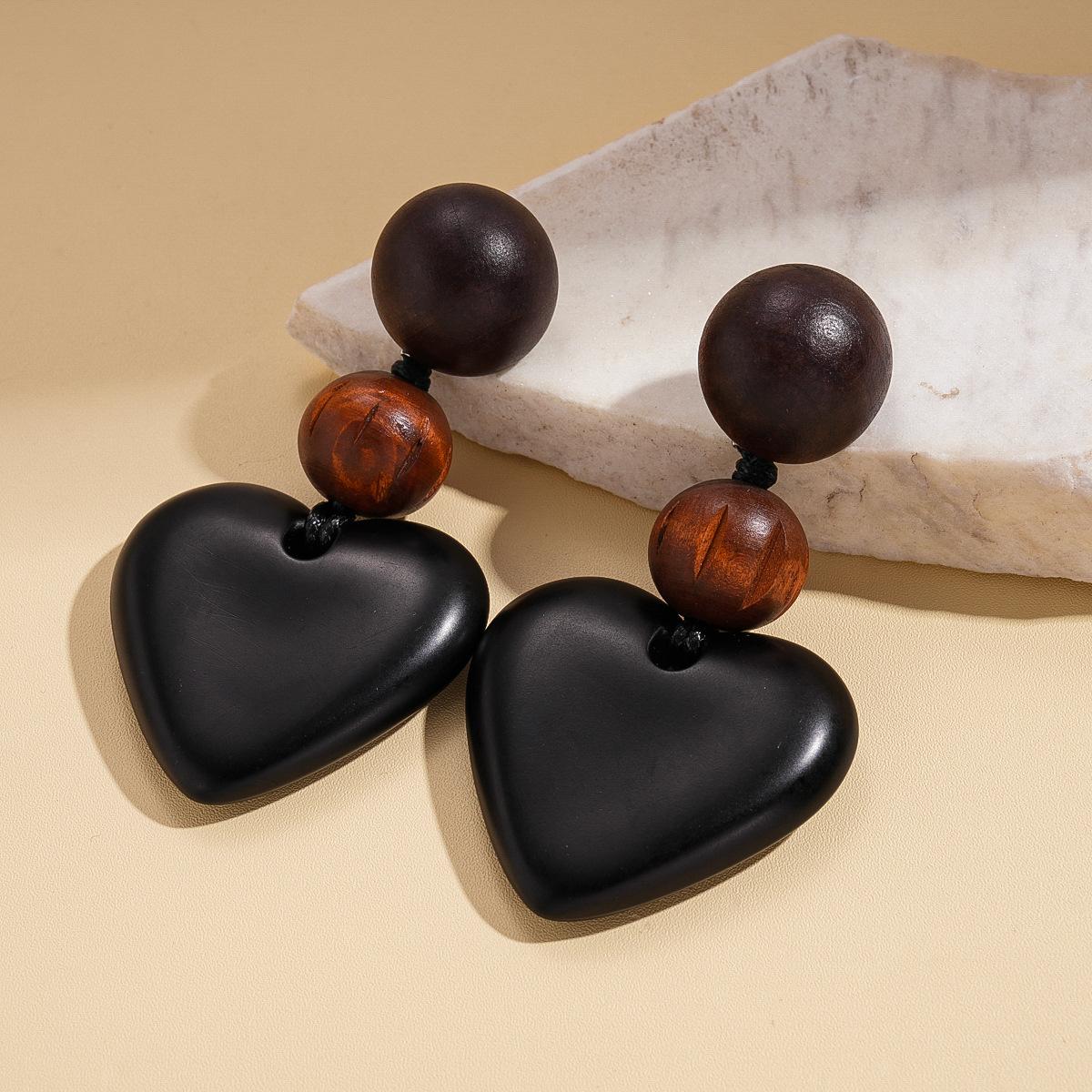 Dark Wind Personality Wood Round Love Silver Needle Earrings Fashion ins Earrings