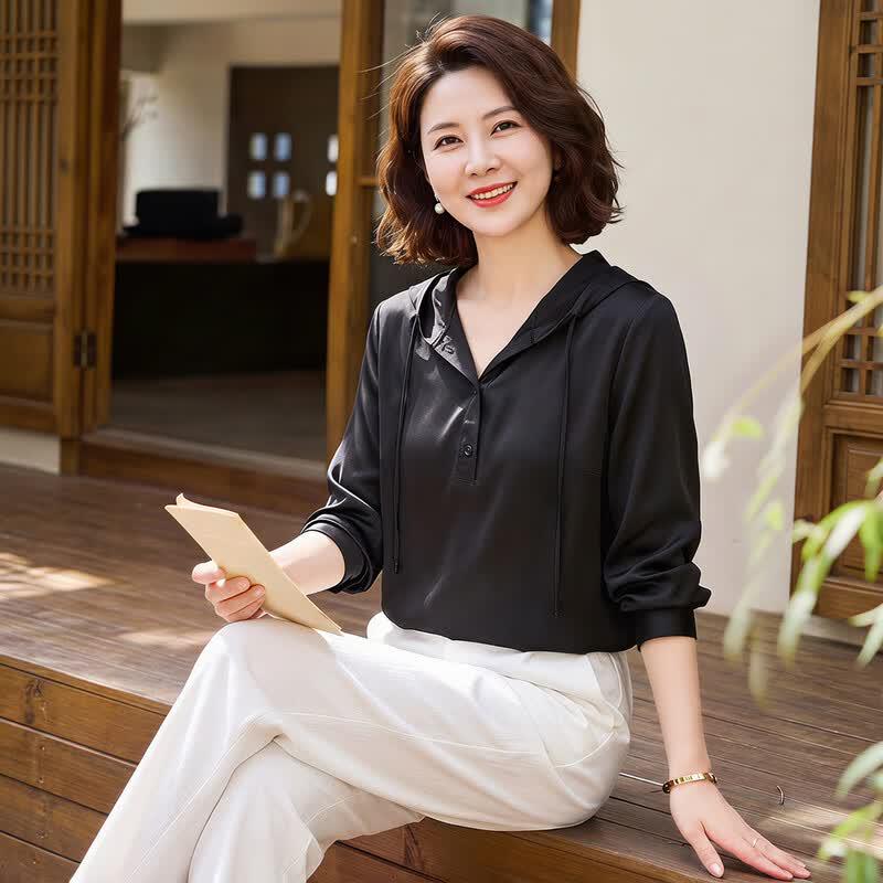 Haoyi Women's Mulberry Silk Hooded Cardigan Shirt