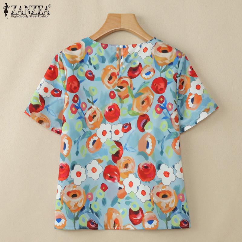 ZANZEA Women Casual Round Neck Summer Short Sleeve Print Blouse
