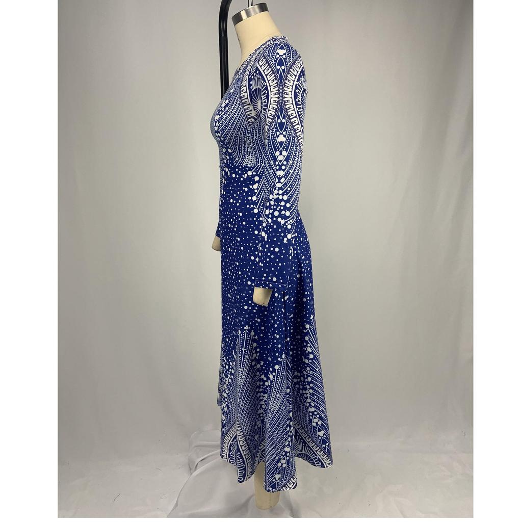 European & American V-Neck Retro Print Long Sleeve Maxi Dress - Spring & Autumn Women's Fashion