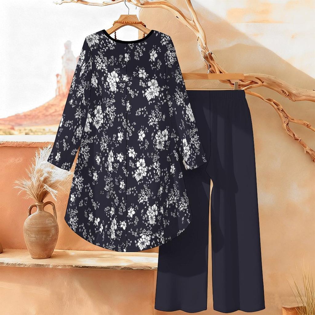 Floral Print Print Two Piece Outfit Women Long Sleeve Irregular Hem Tunic Top Wide Leg Pants Casual Matching Set