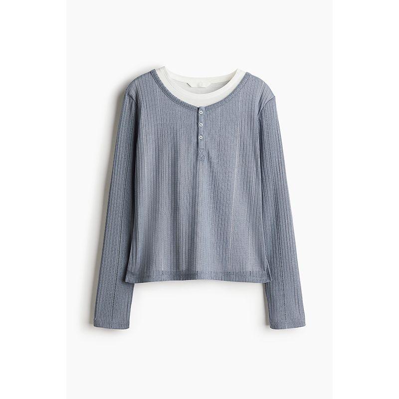 

HM Women s T-shirt 2025 Autumn New round Neck Silm Graceful and Fashionable Casual Double Layer Long Sleeves Tops 1281863 Gray Blue 155/80(XS)