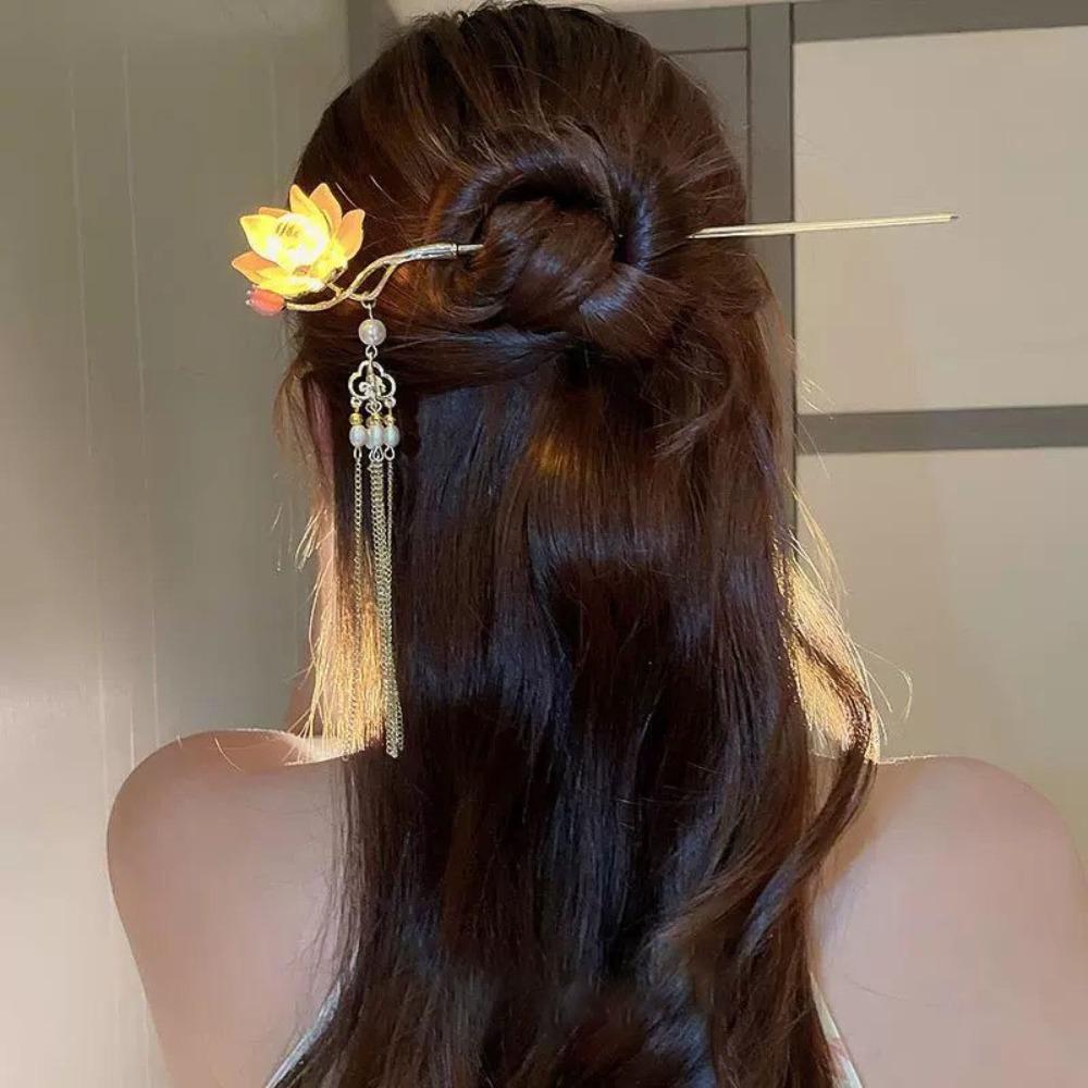 Vintage Lotus Emittieren Licht Haarnadel Chinesischen Stil Quaste Haar Stick Für Frau Mädchen Haar Zubehör