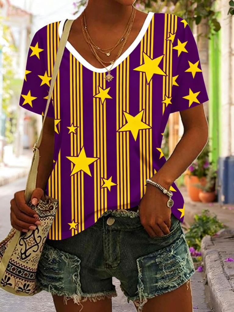 Summer Star Stripe 3D Print T-Shirts Women's Casual Short Sleeve V-Neck T Shirt Top Y2k Harajuku Tees Female Streetwear Clothing