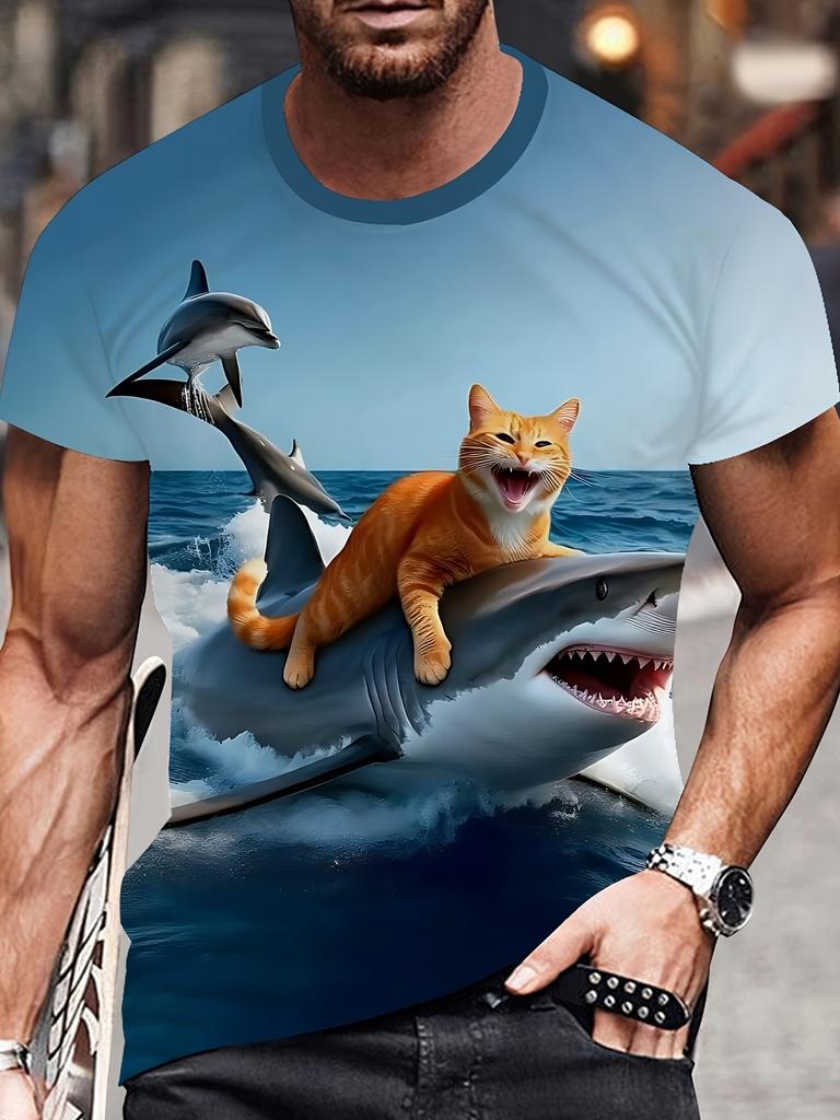 Men'S 3D Cartoon Cat & Shark Print T-Shirt, Casual Crew Neck Polyester Tee, Slight Stretch Knit Fabric, Regular Fit Summer Top for Outdoor