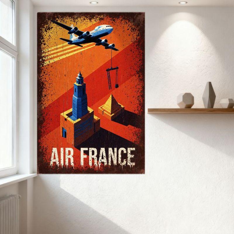 Vintage Air France Reiseplakat Metallblechschild, Retro Rost-Orange Verlauf mit Flugzeug, Wahrzeichen & 'AIR FRANCE' Text für Ca