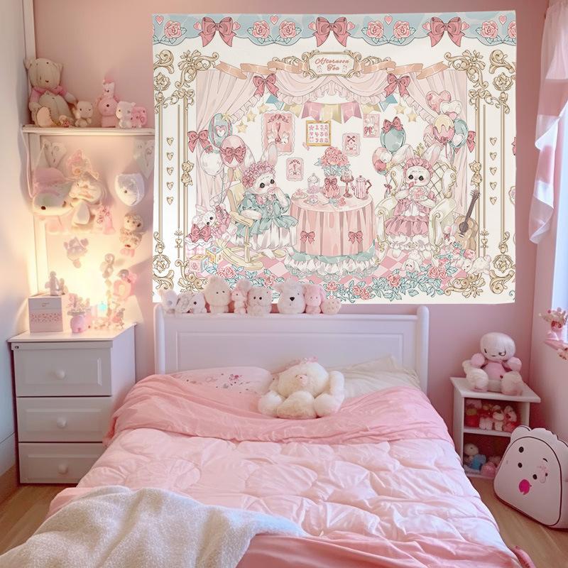 Rosa Kawaii Wandteppich Wandbehang Niedliche Zeichentricktiere Teeparty Schleife Rosen Lolita Ästhetik Wandkunst Mädchenzimmer Dekoration