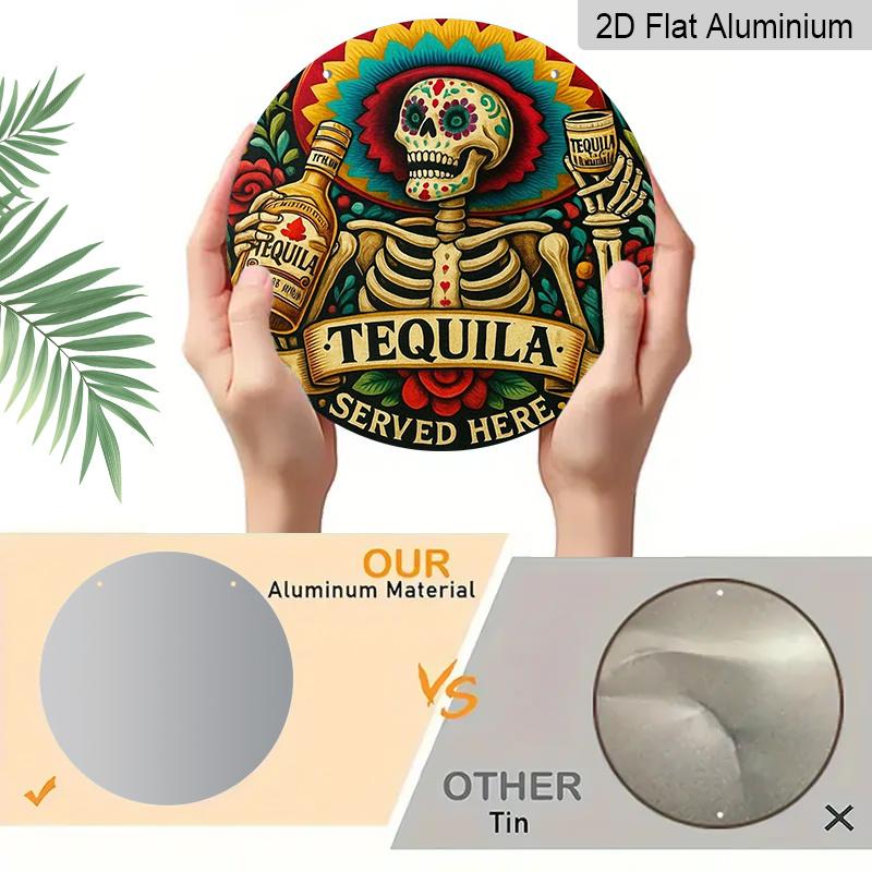2D Flat 1pc, 8x8 In, Aluminum Metal Decorative Signs & Plaques Printed Design, 1pc, Featuring A Skeleton Drinking, Perfect for Decorating for Home
