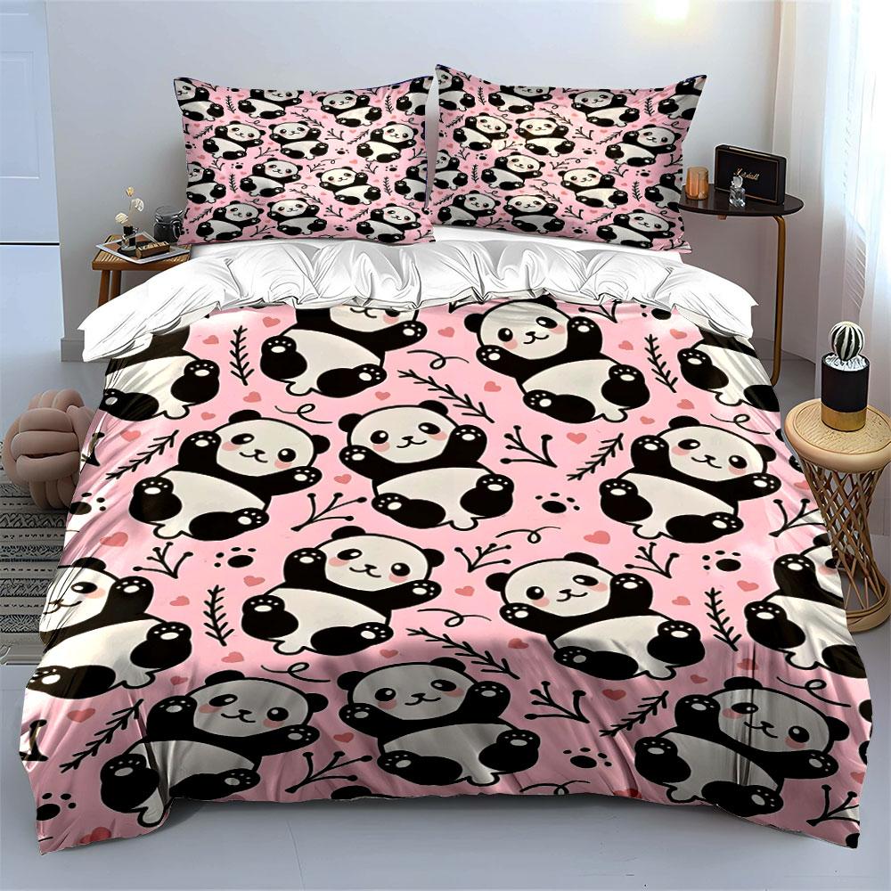 Cute Pandas with Pink Background Print Bedding Set 1 Duvet Cover 2 Pillowcases for Adult and Children Luxury Gift Full Size
