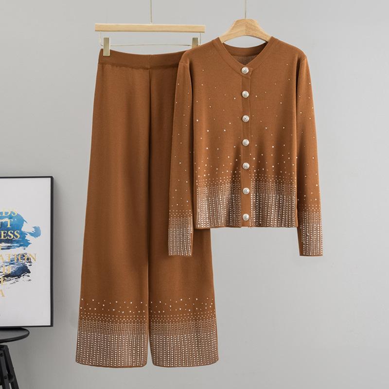 Long-sleeved Knitted Cardigan and Fashionable Wide-leg Pants Two-piece Set for Women's Autumn Casual Wide-leg Pants