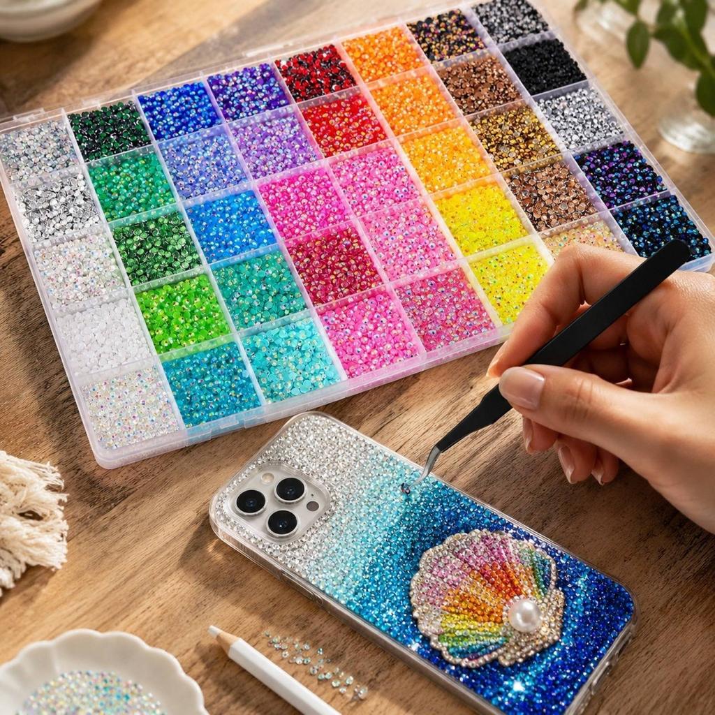 Kit 40 Grids, Resin Rhinestones for Nail and Phone Case Decoration, 32000 with Pen and Tweezers
