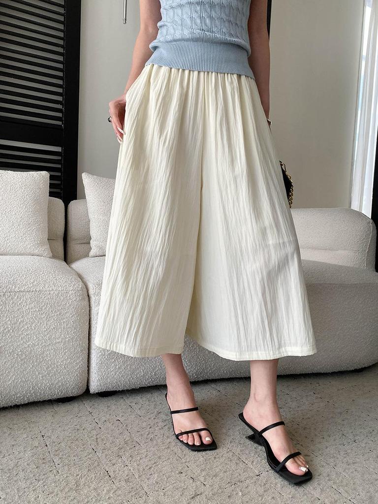 Sinan Elastic High-Waist Slimming Wide-Leg Cropped Pants with Wrinkled Texture