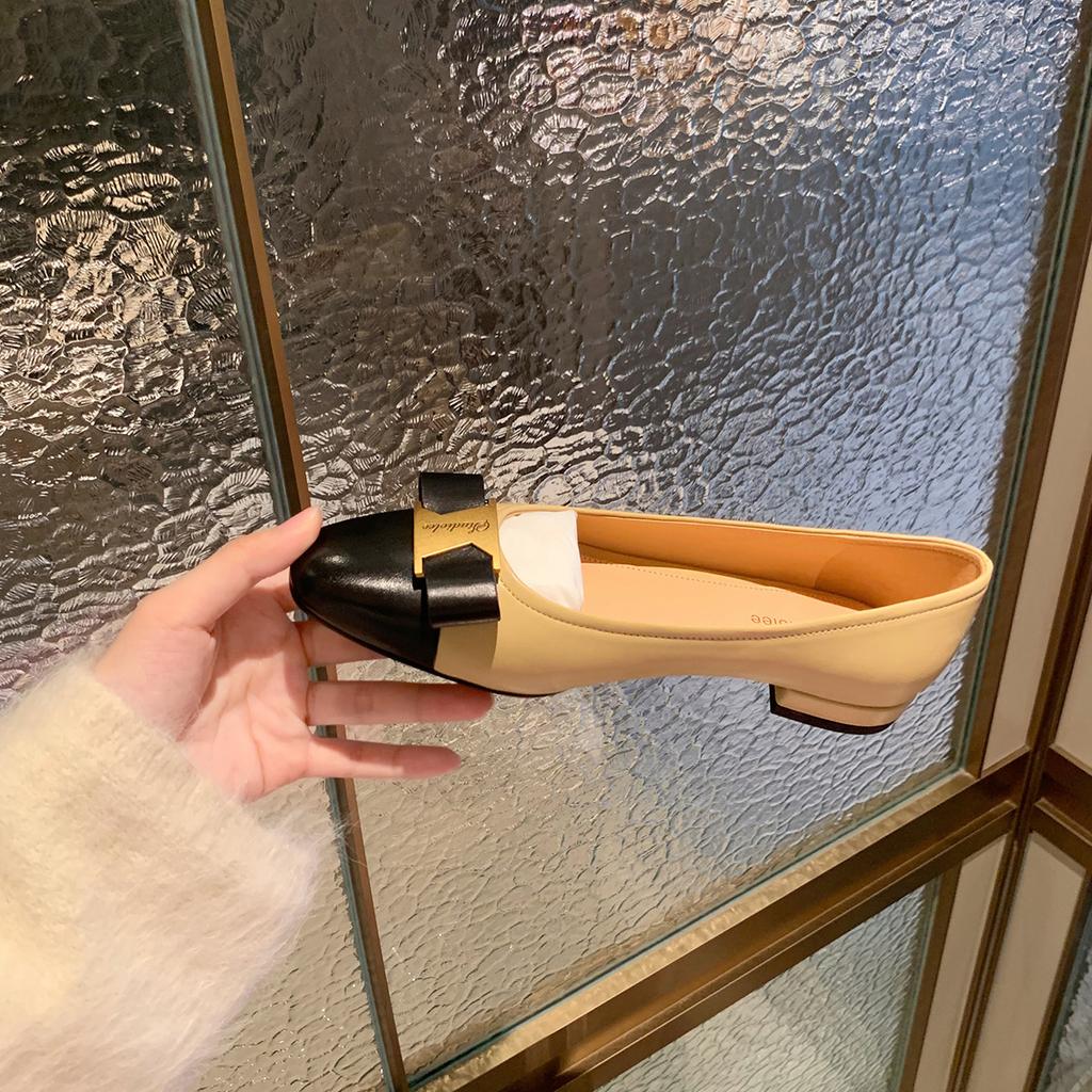 Spot cowhide version~ Grape mother same French temperament color matching bow leather light mouth thick heel single shoes women