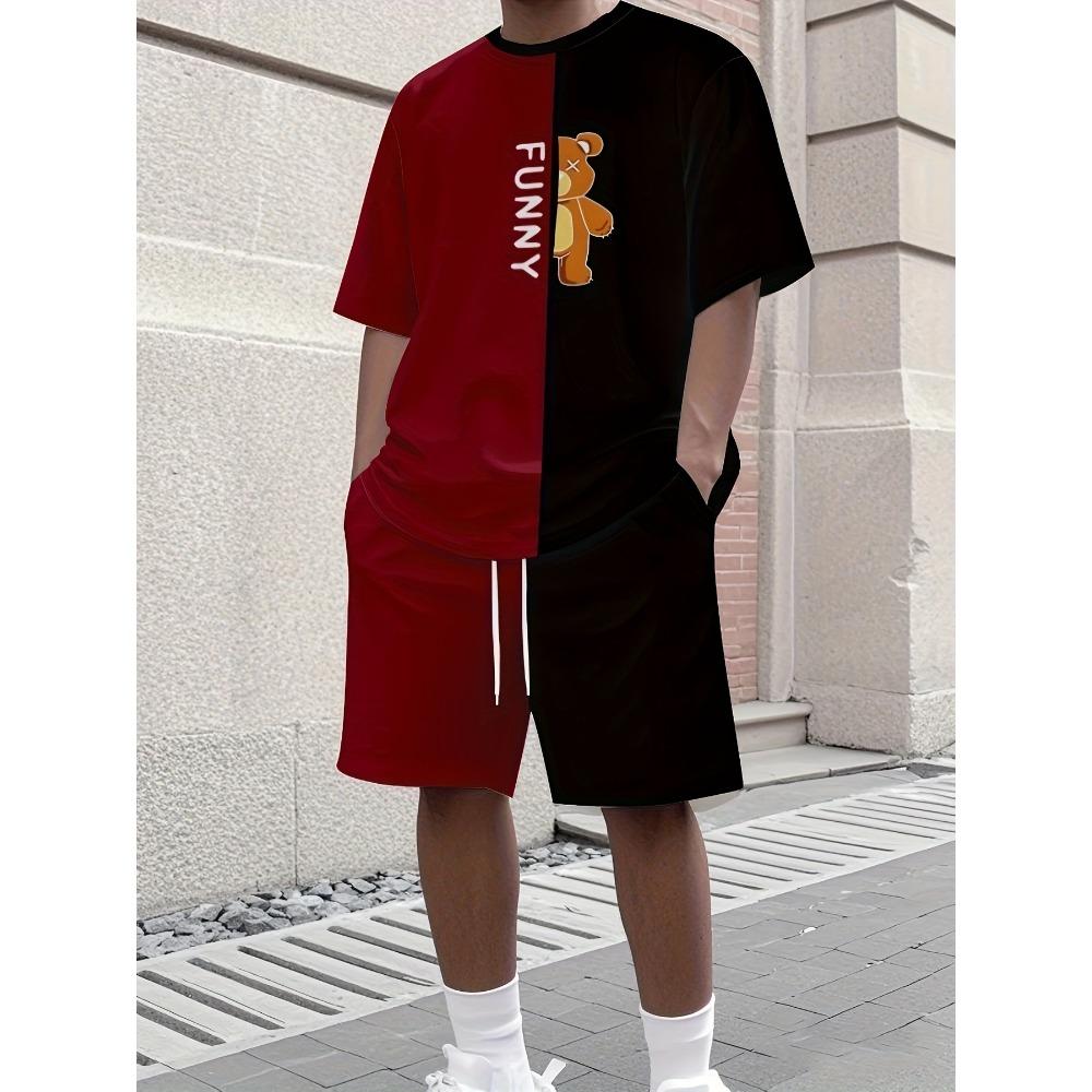 2026 New Arrived Pink Patchwork Men's T-shirts 2pcs Set Short Sleeve Crewneck Tshirt Shorts Street Style Tracksuits Mens Clothing