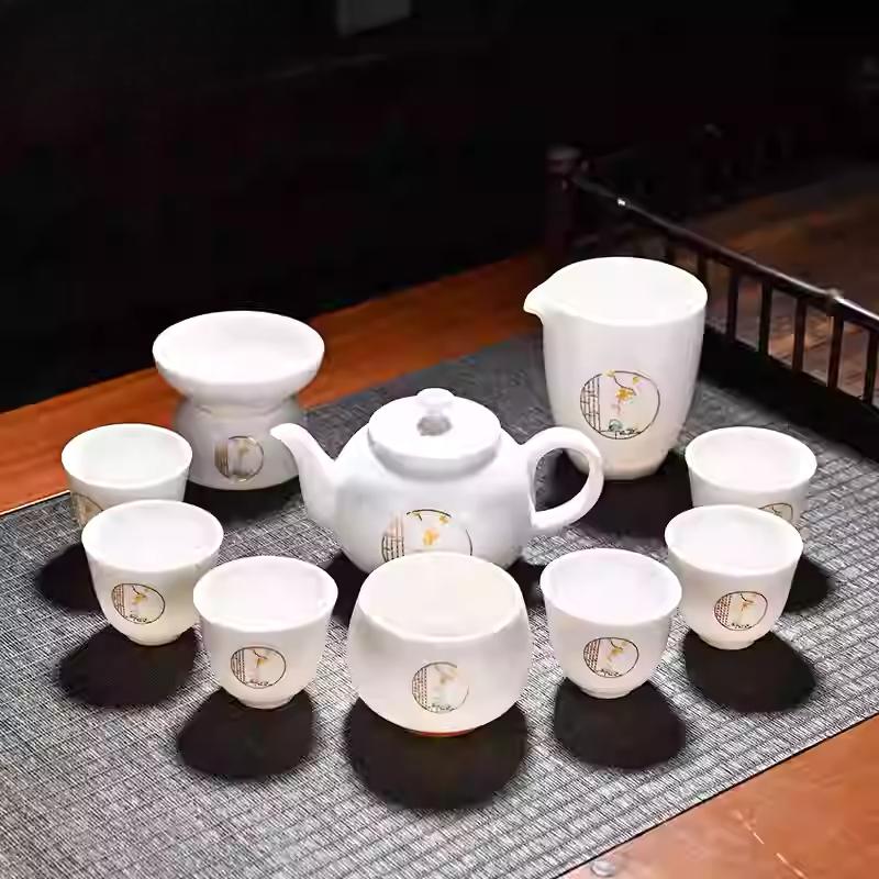 Goat Jade Tea Set Kung Fu Set Chinese Light Luxury Tea Calendars Teacups Office White Porcelain Teapot Covered Bowl Set