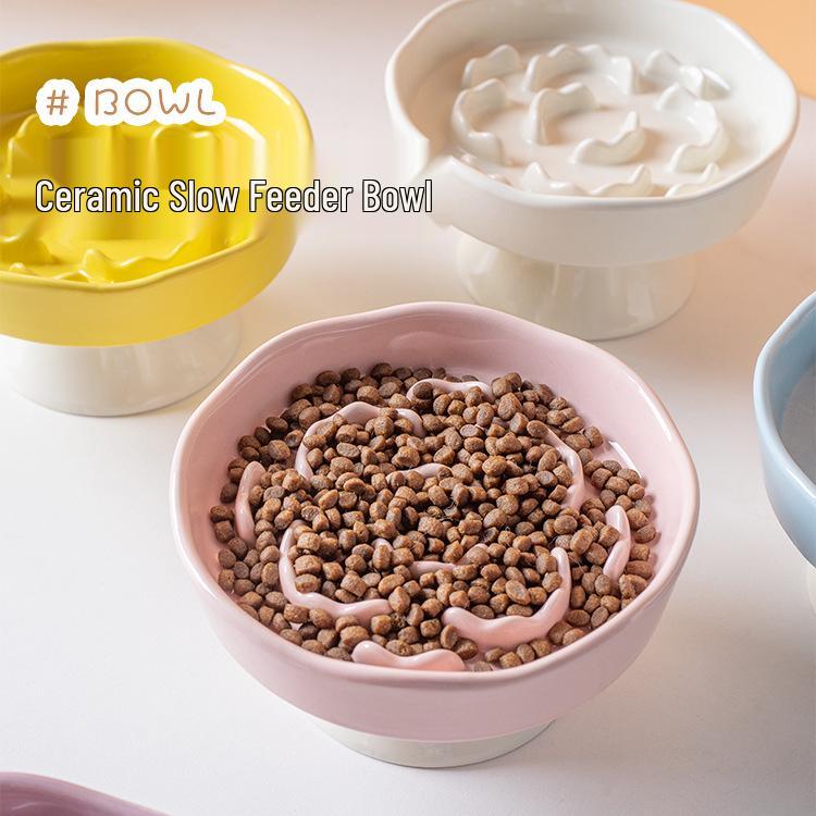 High-Leg Ceramic Slow Feeder Bowl - Anti-Choke, Neck Protection, Stable Design for Cats & Dogs