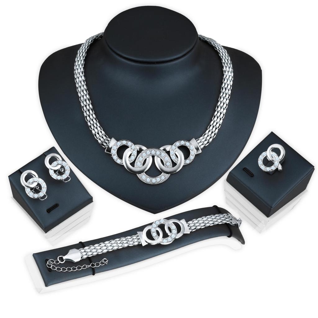 Set da 4 Pezzi Lusso Colore Oro Cerchio Geometrico Zircone Collana Orecchini Anello Bracciale per Donne Charme Matrimonio Sposa Set di Gioielli