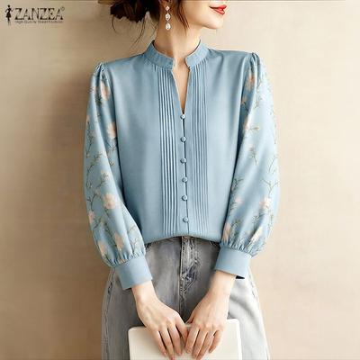 Women Casual Stand Collar Print Splice Long Sleeve Blouse