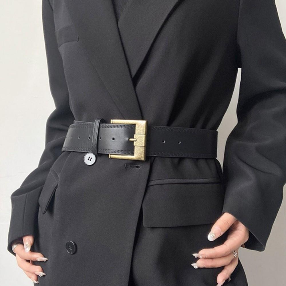 Y2K Wide Waist Belt Solid Color PU Leather Waistbands Retro Metal Buckle Wide Belt Woman