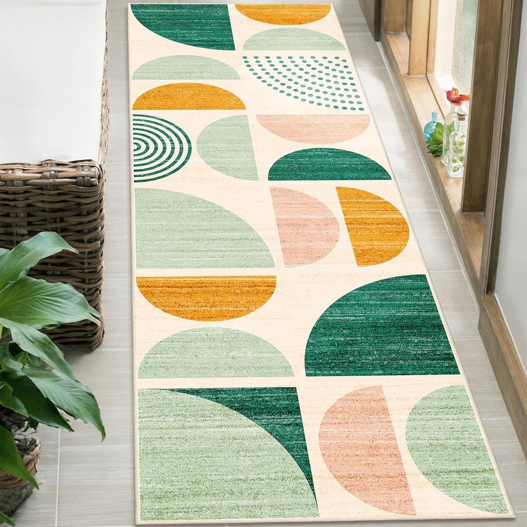 Minimalist Geometric Hallway Rug - Non-Slip Washable Kitchen Runner, Semi-Circle & Stripe Floor Mat for Mid-Century Home Decor