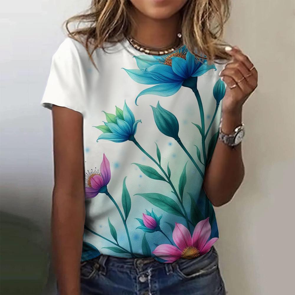 2025 New Summer Temperament Women's Floral Blue Printed Women's T-shirt Round Neck Short Sleeve Street Casual Daily Basic Tops