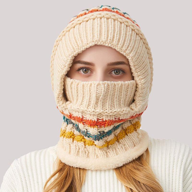 Thick Knitted Hat Scarf Mask One-Piece Hat Women's Winter Outdoor Velvet Warm Mask Scarf All-In-One Hat