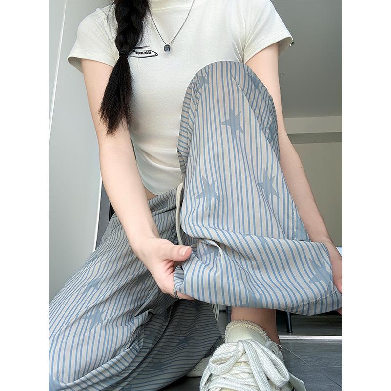 Vertical Striped Star Ice Silk Wide-leg Pants for Women's New Style Slim Draped Straight-leg Pants Loose Casual Pants