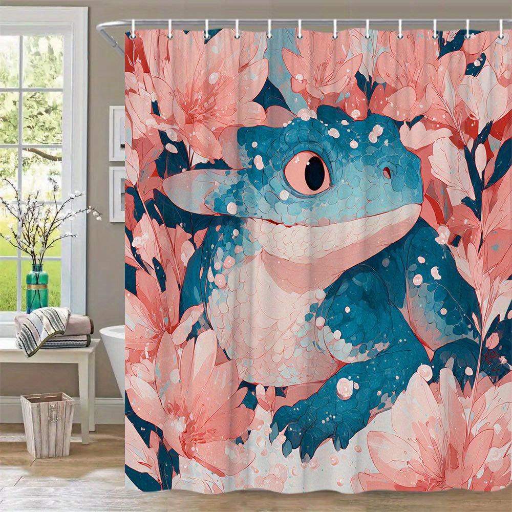 1Pc Fantasy Lizard Bath Curtain - Blue Creature With Pink Eyes, Textured Scales & Blooming Pink Flowers Watercolor Design