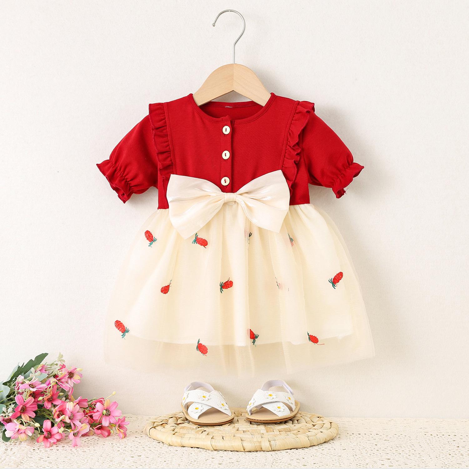 Girls Summer Solid Pineapple Mesh Splice Dress Sweet Princess Party Dress For Kids 73cm