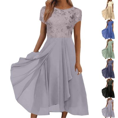 Damen Chiffon Spitze Patchwork Kurzarm Maxikleid Elegant Brautjungfer Abendkleid Fließend A-Linie Langer Rock für Formelle Anlässe