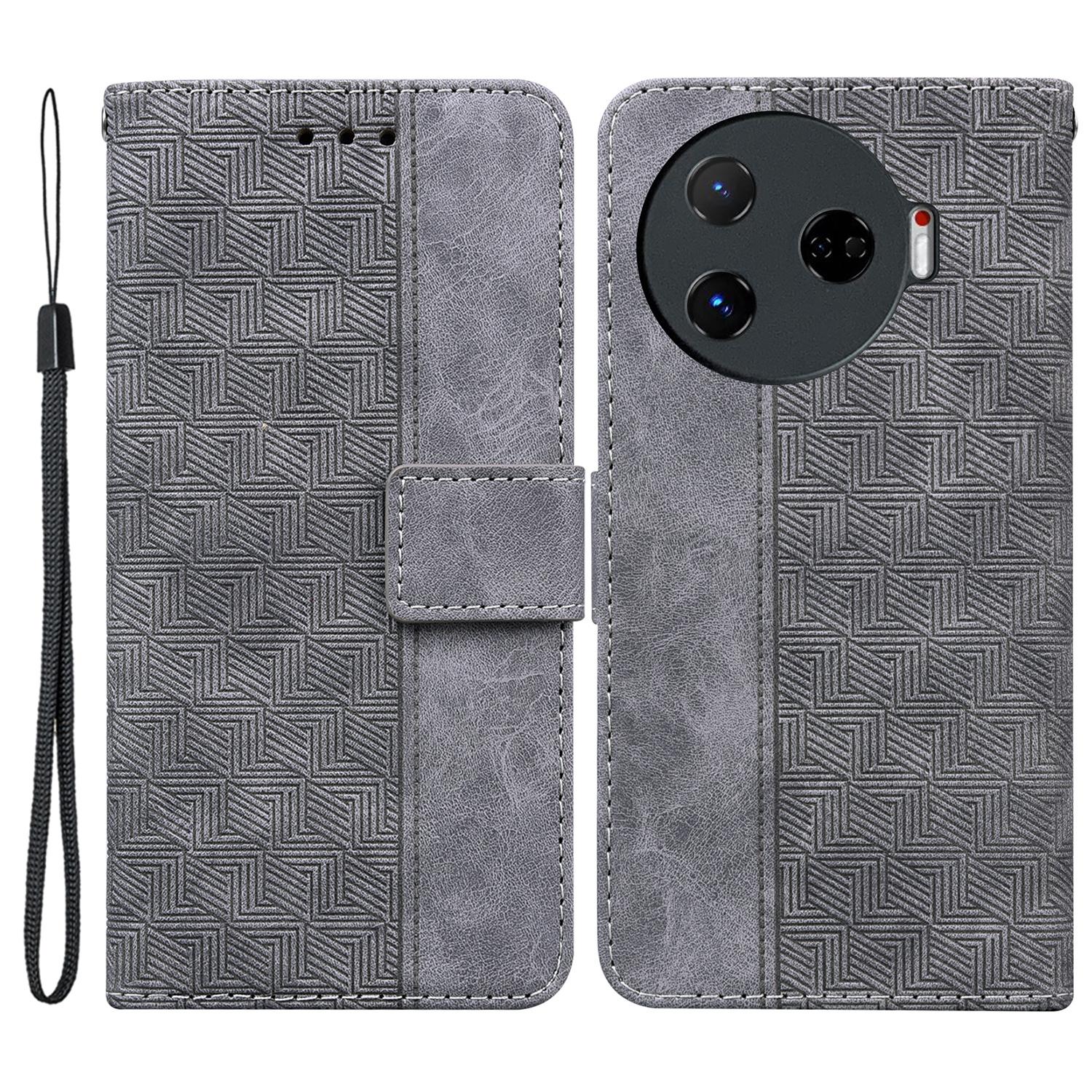 

For TECNO Camon 30 Pro 5G Wallet Phone Case Geometry Imprint Leather Flip Cover with Strap Grey